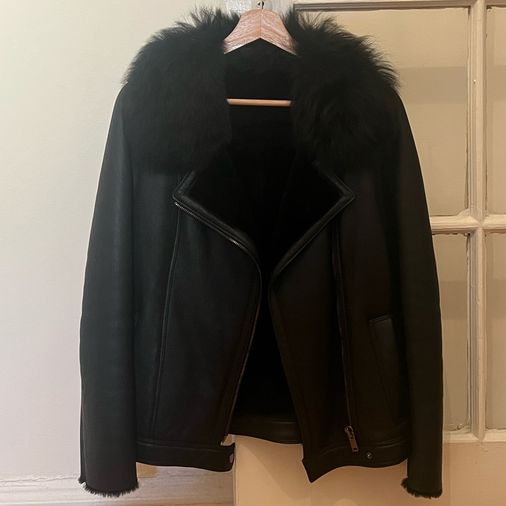 Massimo Dutti shearling leather biker jacket